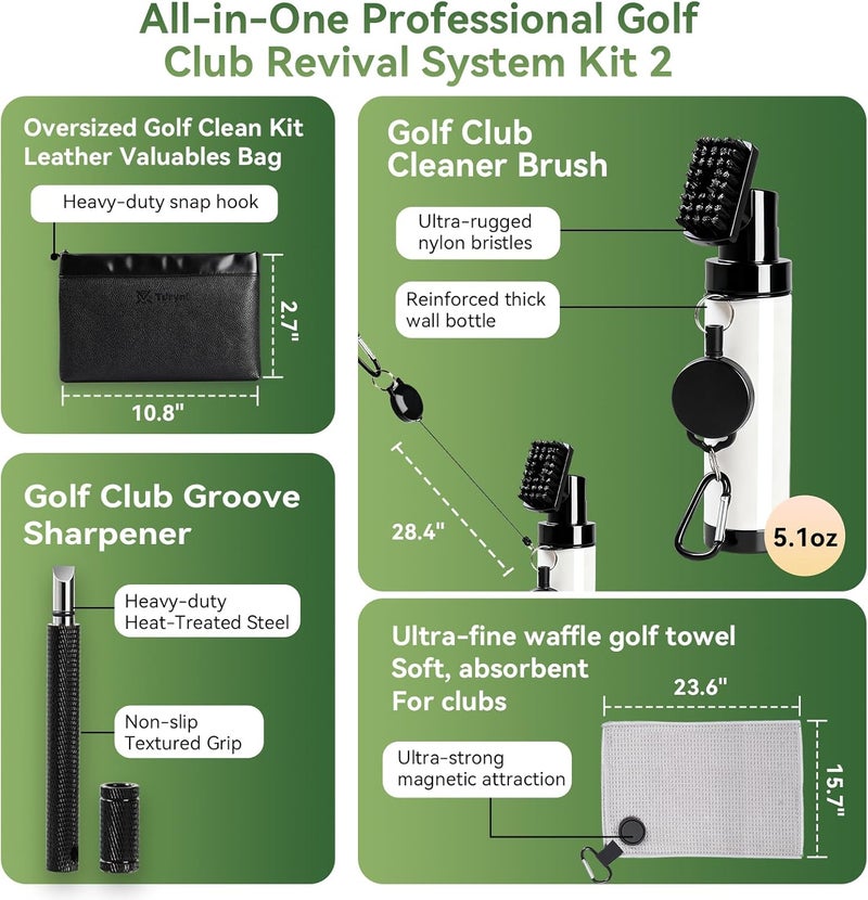 Tdrynl Pro Golf Club Care Kit – Cleaner, Polish, Brush, Groove Sharpener, Grip Cleaner, Magnetic Towel & Leather Bag – Restores Clubs, Removes Rust & Scratches, Renews Tackiness - Image 3